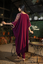 Wine Hand Embroidered Pure Crepe Kaftan with Crepe Trouser Set