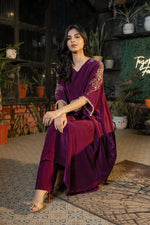Wine Hand Embroidered Pure Crepe Kaftan with Crepe Trouser Set