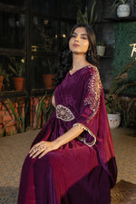 Wine Hand Embroidered Pure Crepe Kaftan with Crepe Trouser Set