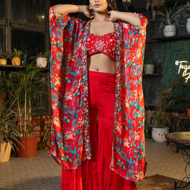 Red Indo Western Digital Floral Print Jacket with Hand Embroidery Work & Plan Chinon Gharara