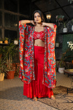 Red Indo Western Digital Floral Print Jacket with Hand Embroidery Work & Plan Chinon Gharara