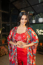 Red Indo Western Digital Floral Print Jacket with Hand Embroidery Work & Plan Chinon Gharara