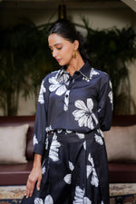 Black Floral Printed Muslin Satin Co-ord Set with Plazo Set