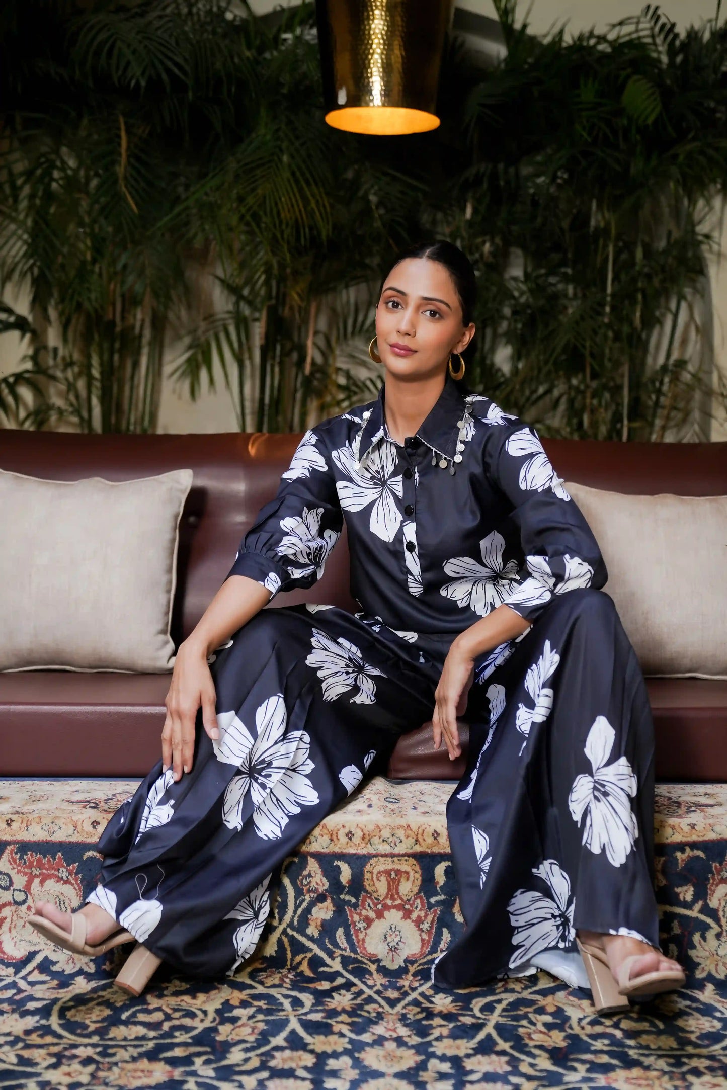 Black Floral Printed Muslin Satin Co-ord Set with Plazo Set