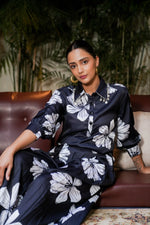 Black Floral Printed Muslin Satin Co-ord Set with Plazo Set
