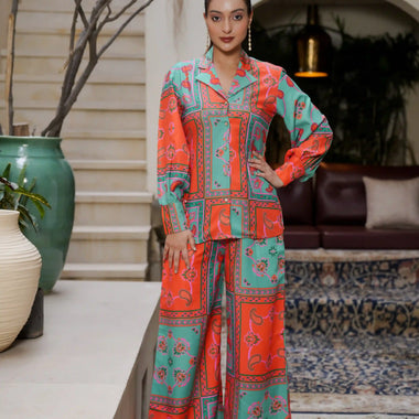 Printed Muslin Satin Co-ord Set with Palzo Set