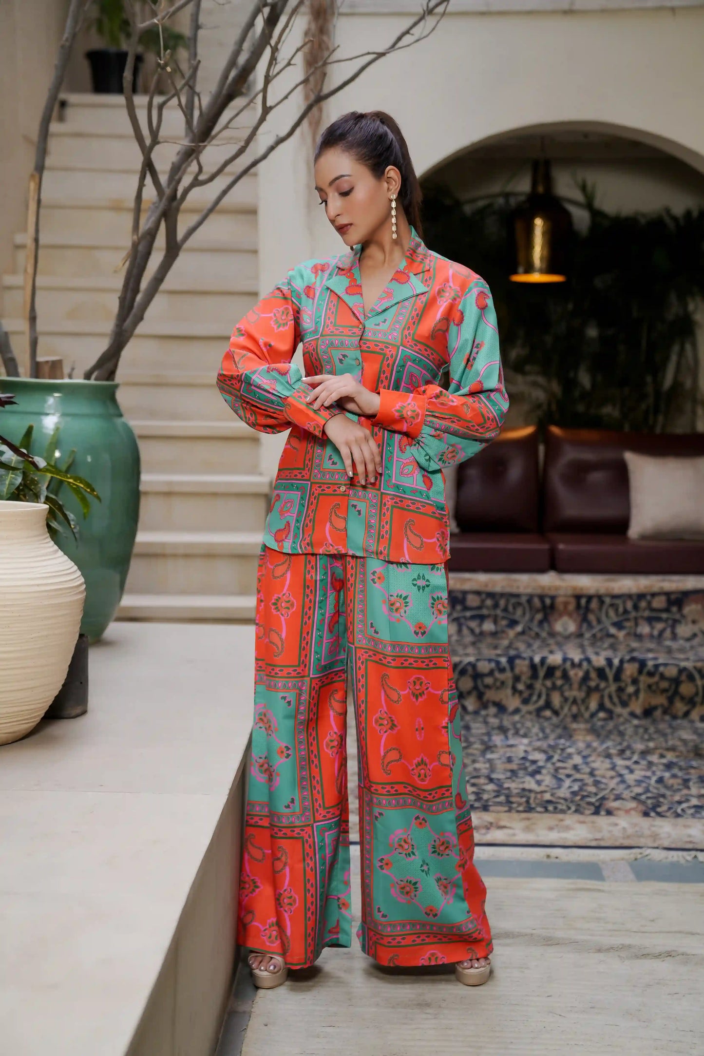 Printed Muslin Satin Co-ord Set with Palzo Set