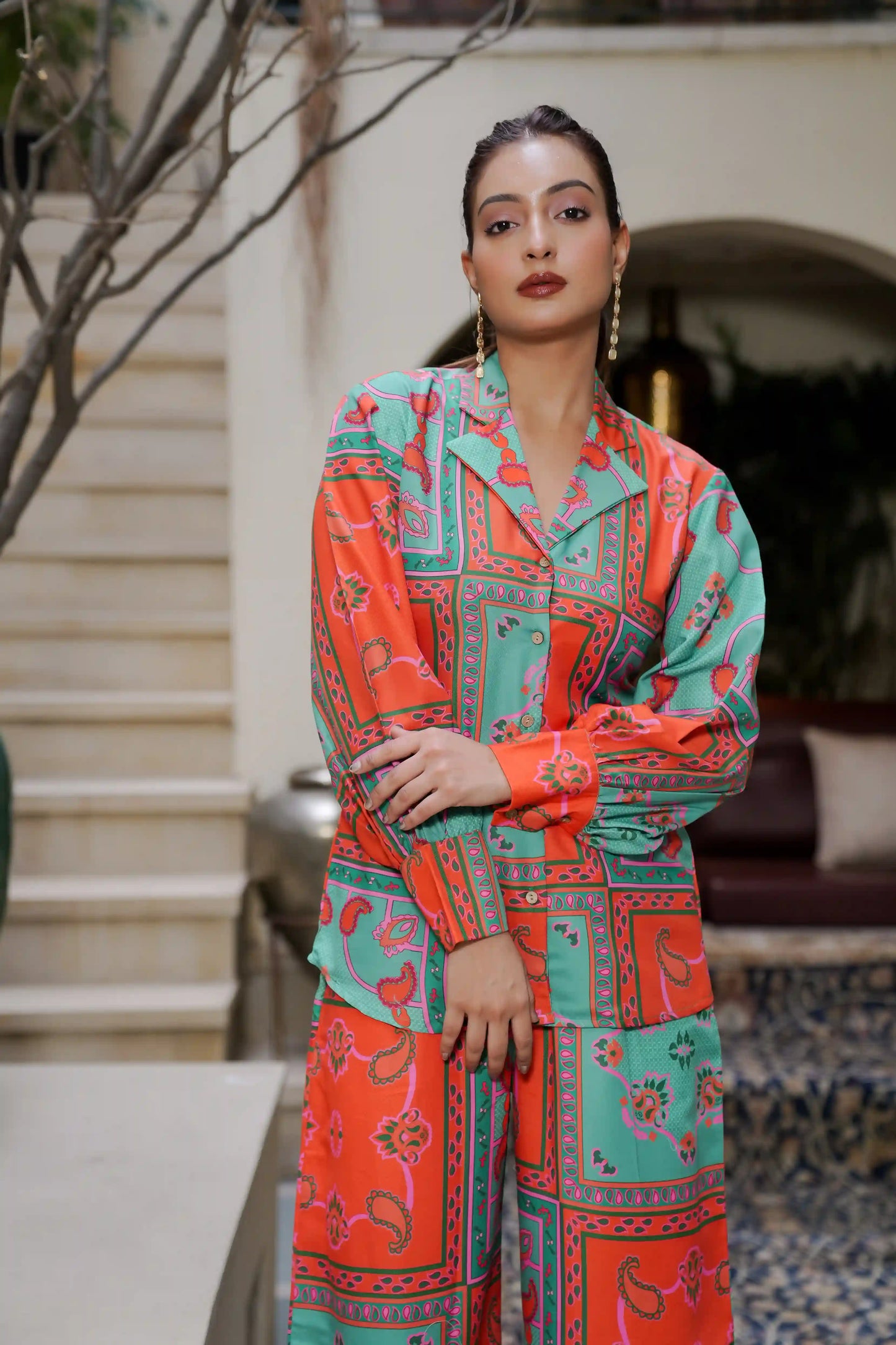 Printed Muslin Satin Co-ord Set with Palzo Set