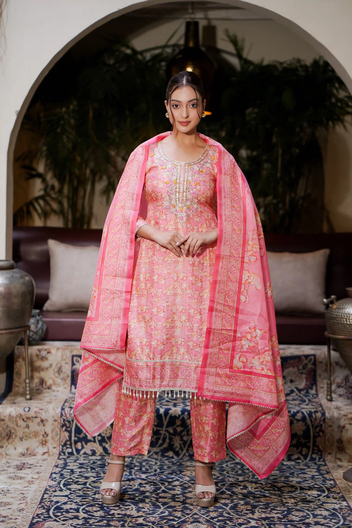 Pink Kurti Hand Embroidery Work with Dupatta and Salwar Set
