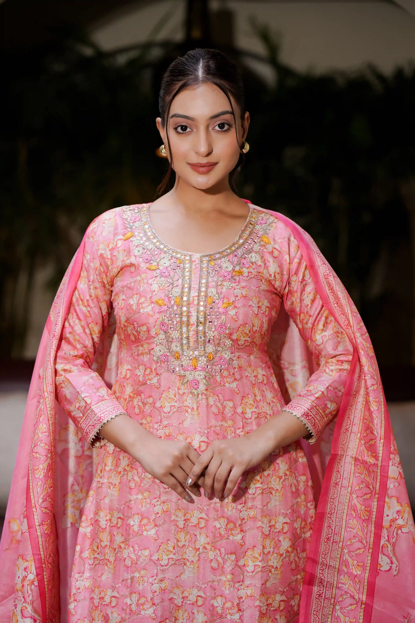 Pink Kurti Hand Embroidery Work with Dupatta and Salwar Set