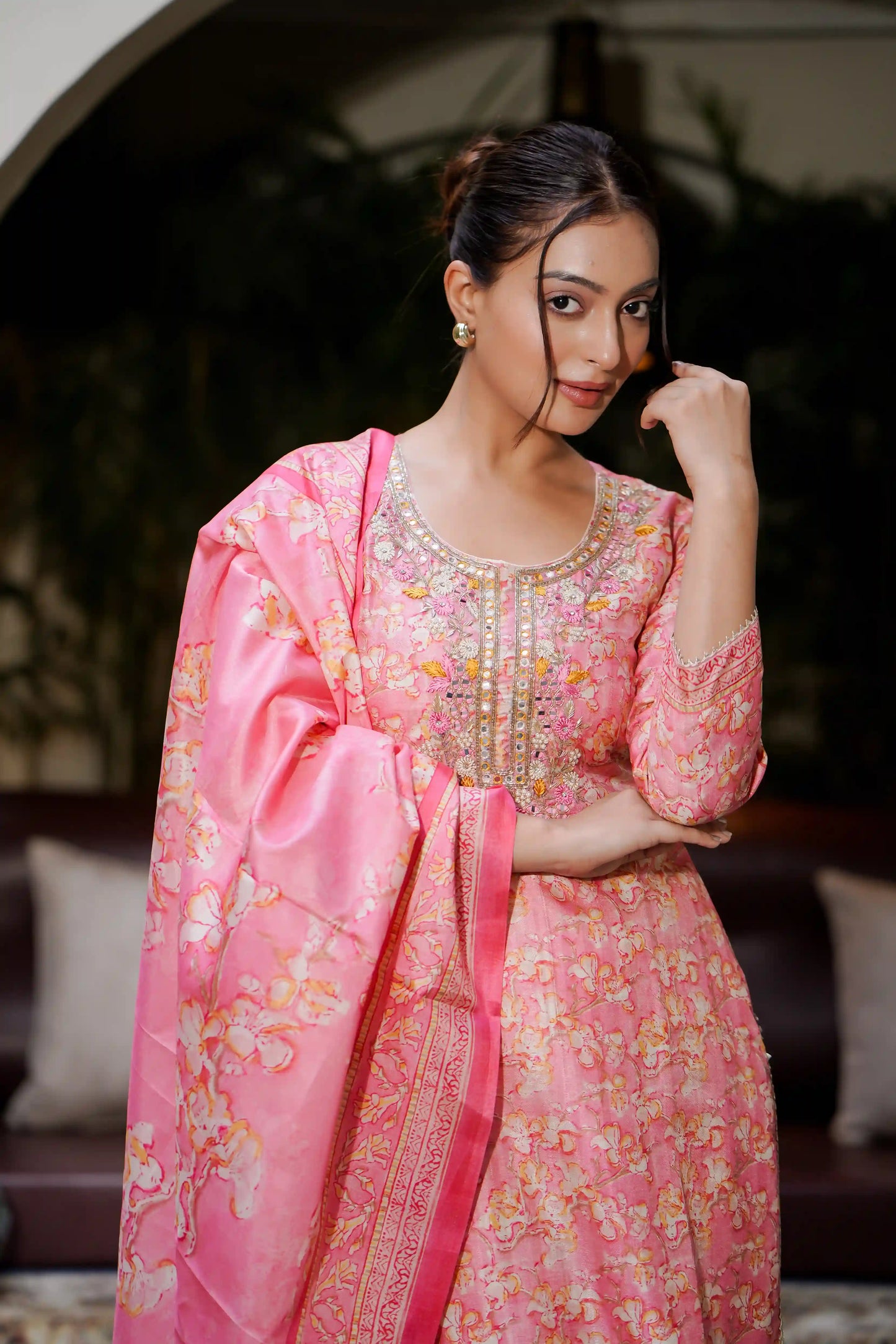 Pink Kurti Hand Embroidery Work with Dupatta and Salwar Set