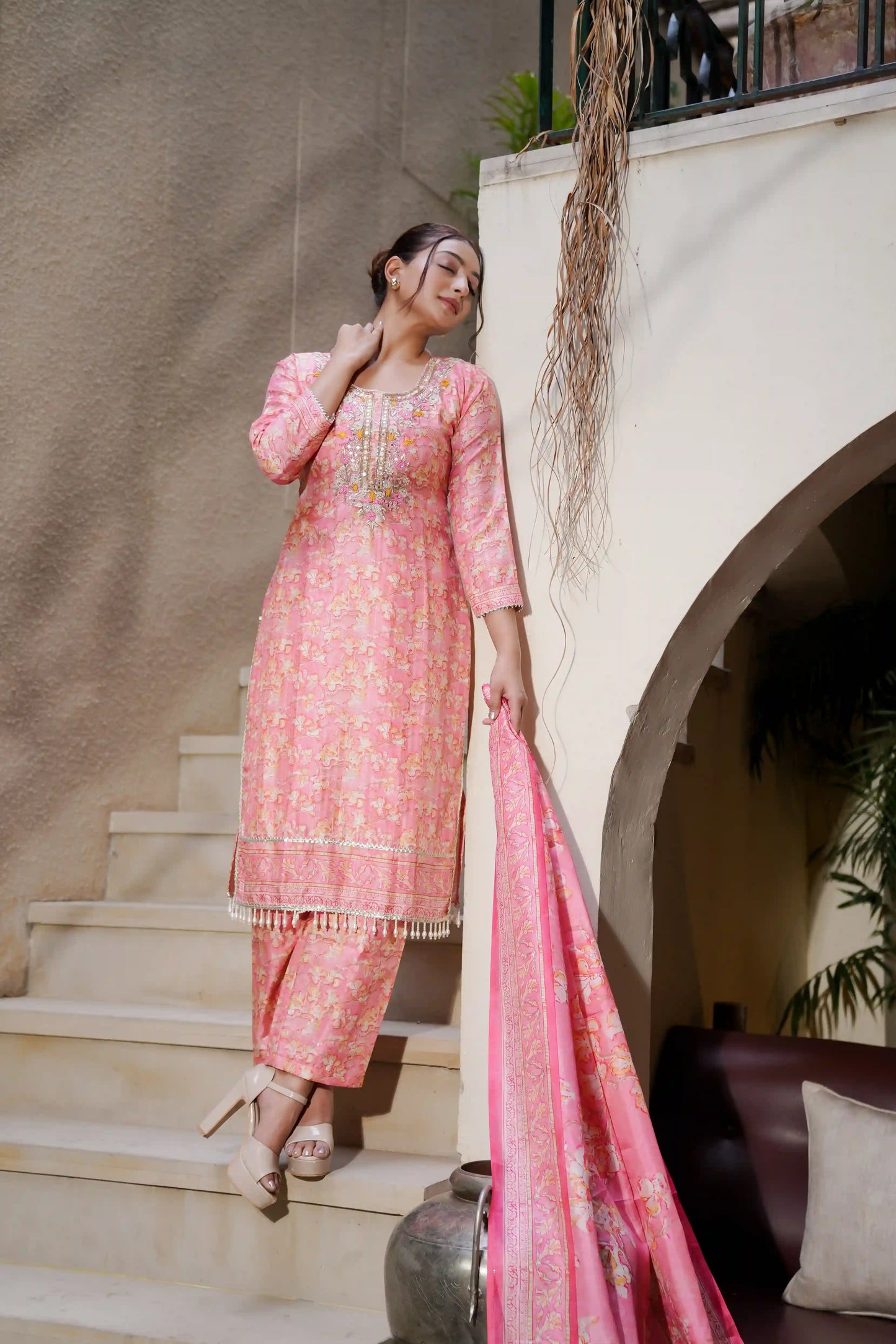 Pink Kurti Hand Embroidery Work with Dupatta and Salwar Set