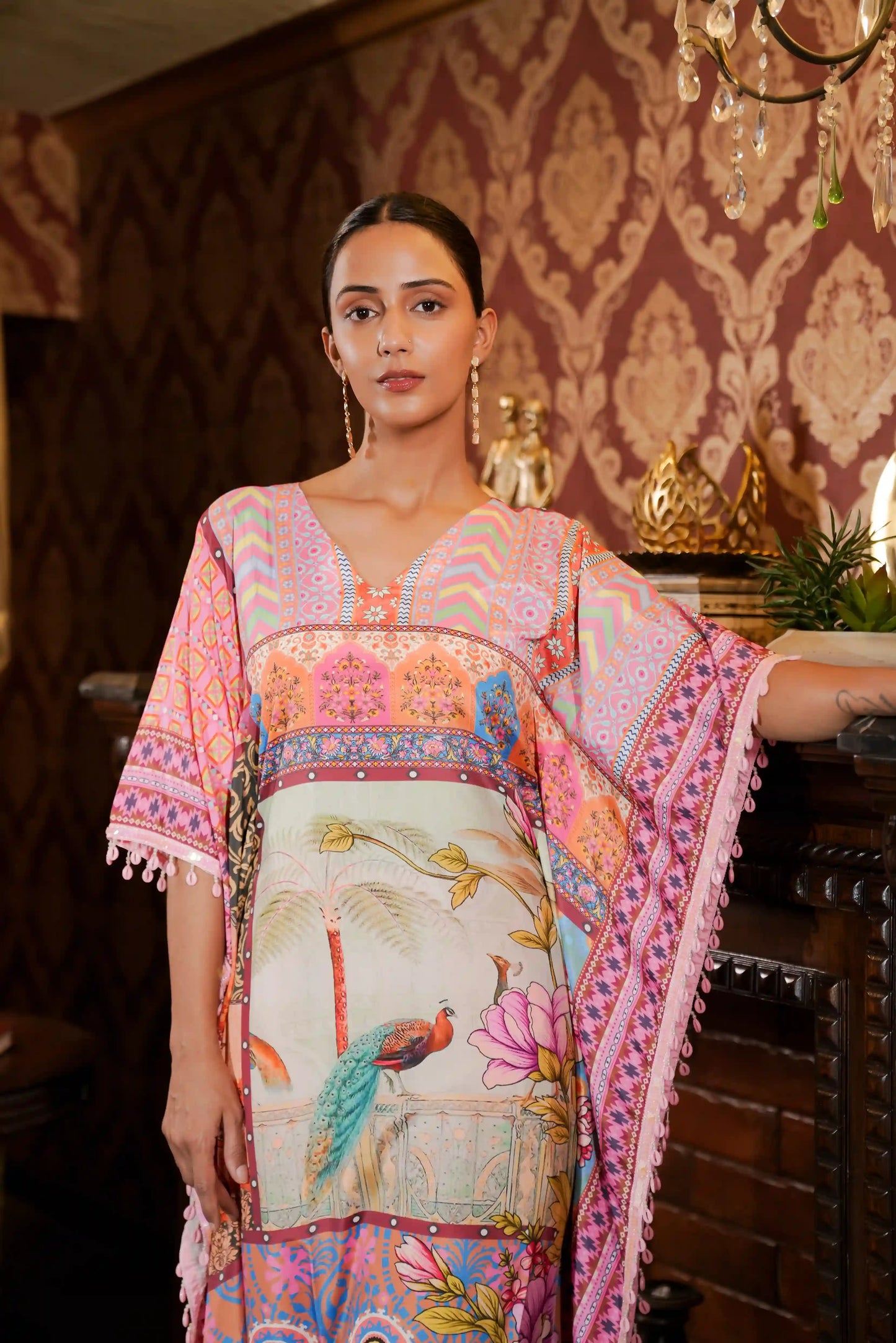 Pattern Printed Muslin Satin Kaftan Dress with Straight Pant Set