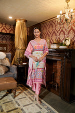 Pattern Printed Muslin Satin Kaftan Dress with Straight Pant Set