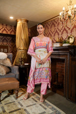 Pattern Printed Muslin Satin Kaftan Dress with Straight Pant Set
