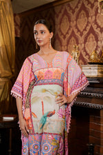 Pattern Printed Muslin Satin Kaftan Dress with Straight Pant Set