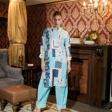 Printed Muslin Satin Hand Embroidery Mirror Work Co-ord Set with Trouser Set