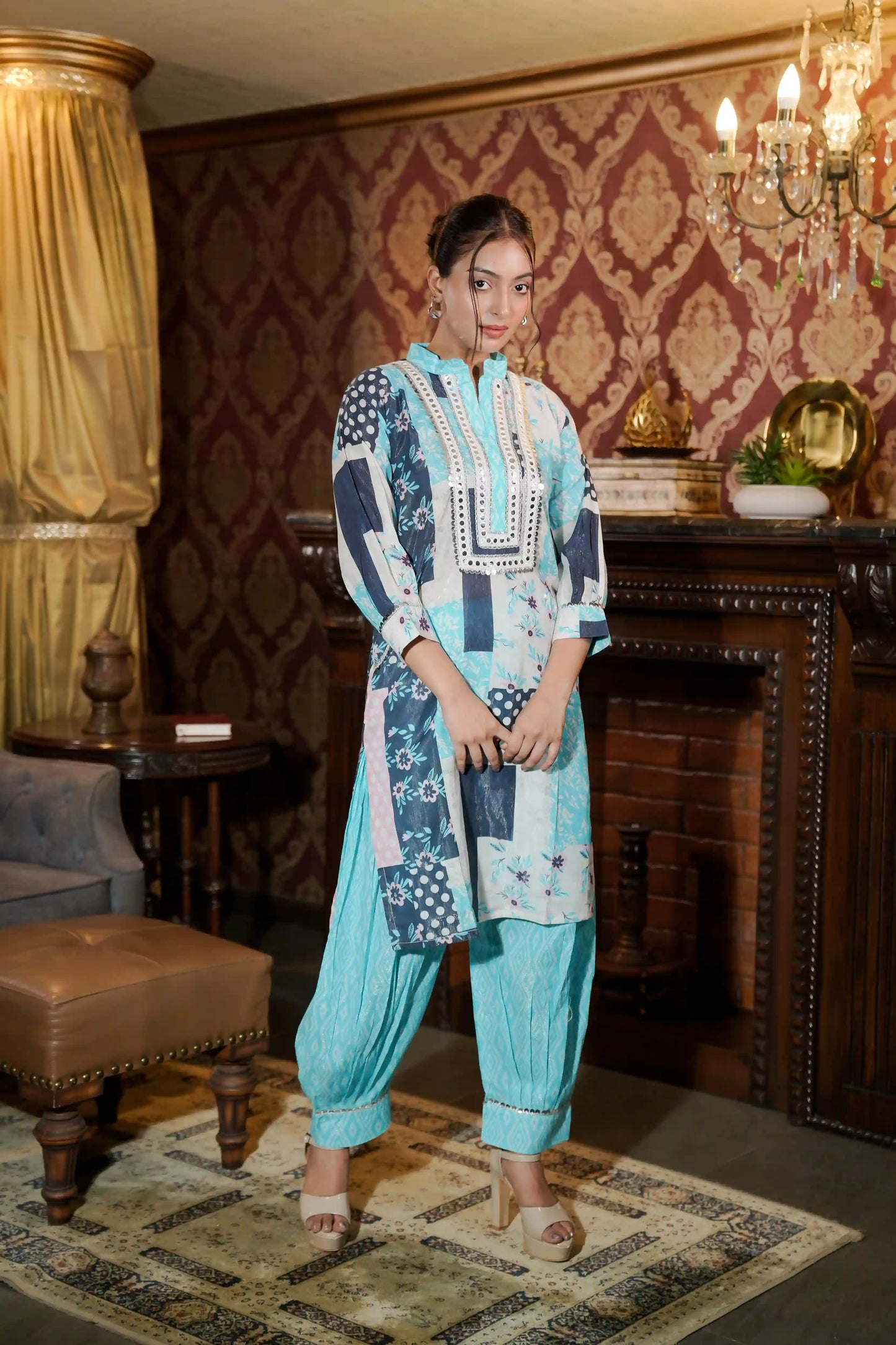 Printed Muslin Satin Hand Embroidery Mirror Work Co-ord Set with Trouser Set