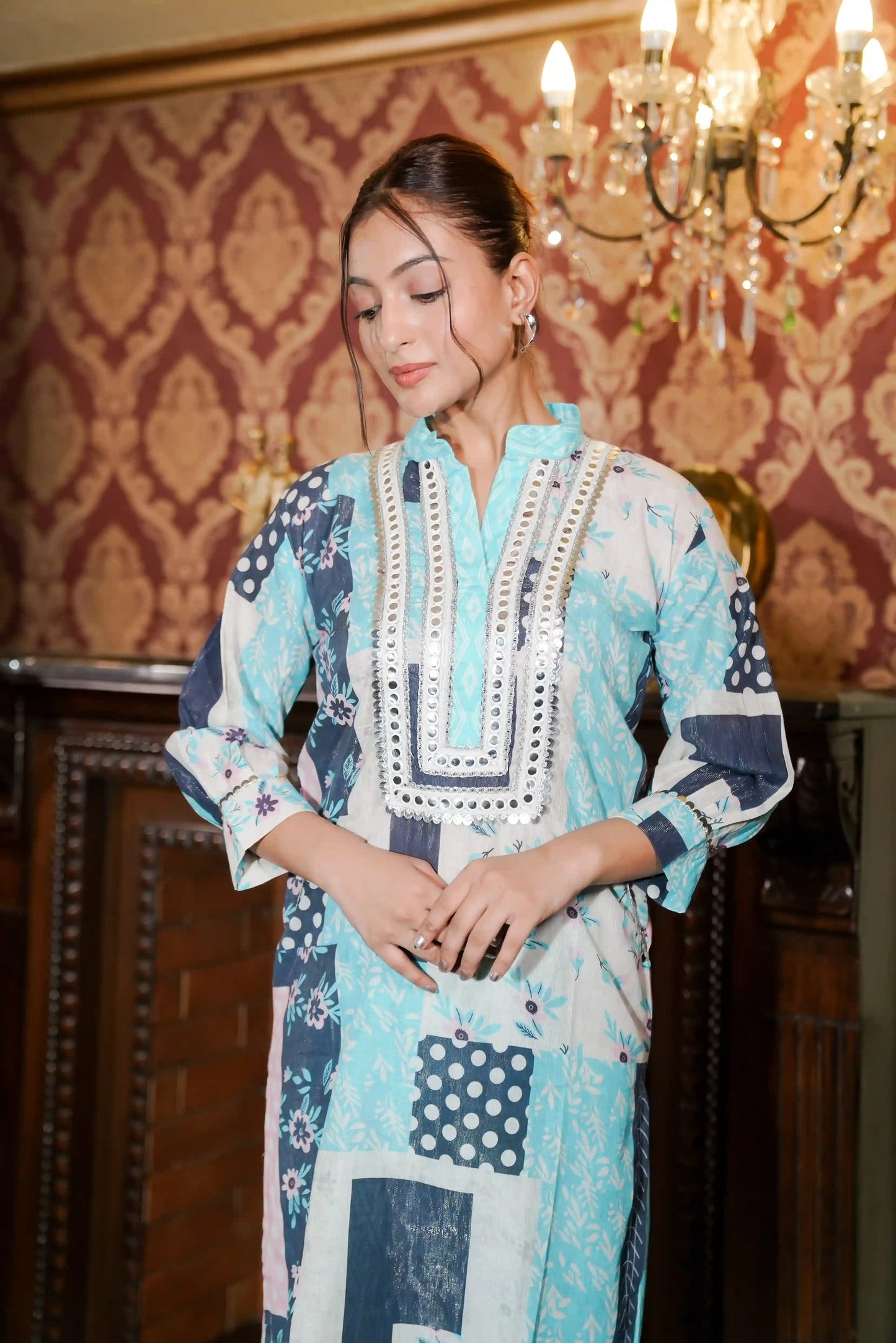 Printed Muslin Satin Hand Embroidery Mirror Work Co-ord Set with Trouser Set