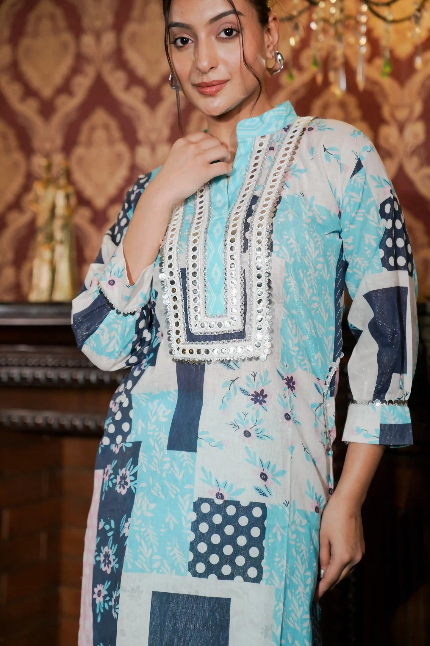 Printed Muslin Satin Hand Embroidery Mirror Work Co-ord Set with Trouser Set