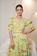 Yellow Printed Hand Embroidered Long Co-ord Set with White Trouser