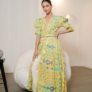 Yellow Printed Hand Embroidered Long Co-ord Set with White Trouser