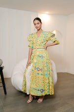 Yellow Printed Hand Embroidered Long Co-ord Set with White Trouser