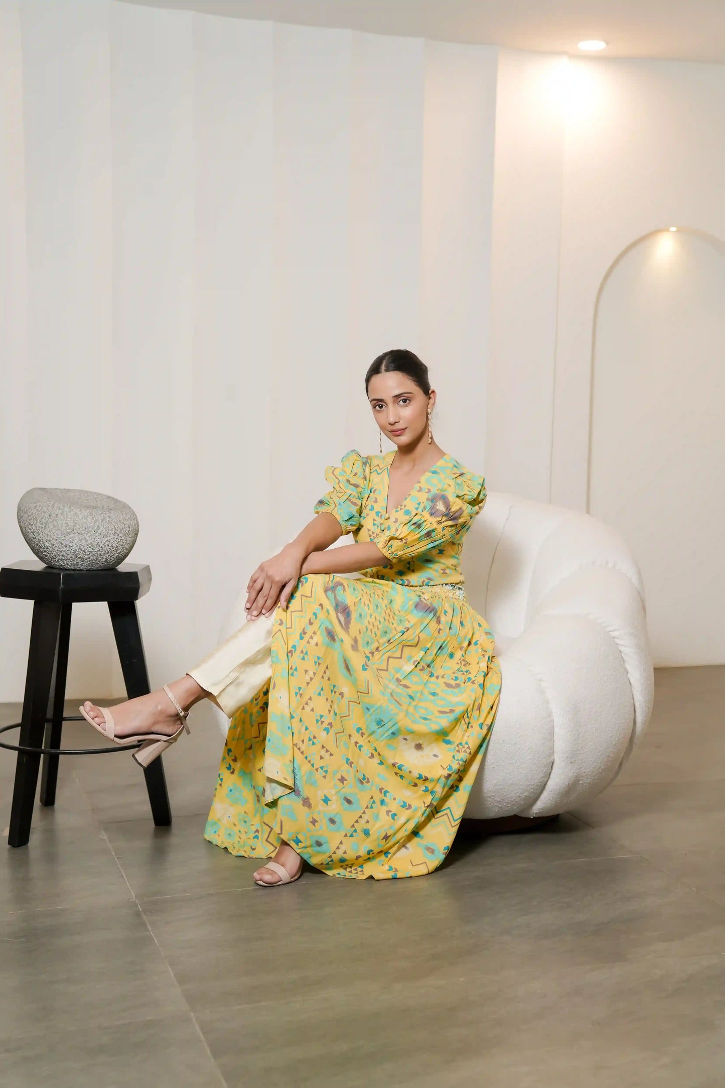 Yellow Printed Hand Embroidered Long Co-ord Set with White Trouser
