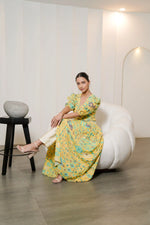 Yellow Printed Hand Embroidered Long Co-ord Set with White Trouser