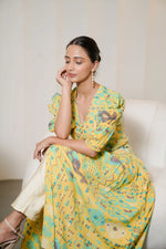 Yellow Printed Hand Embroidered Long Co-ord Set with White Trouser