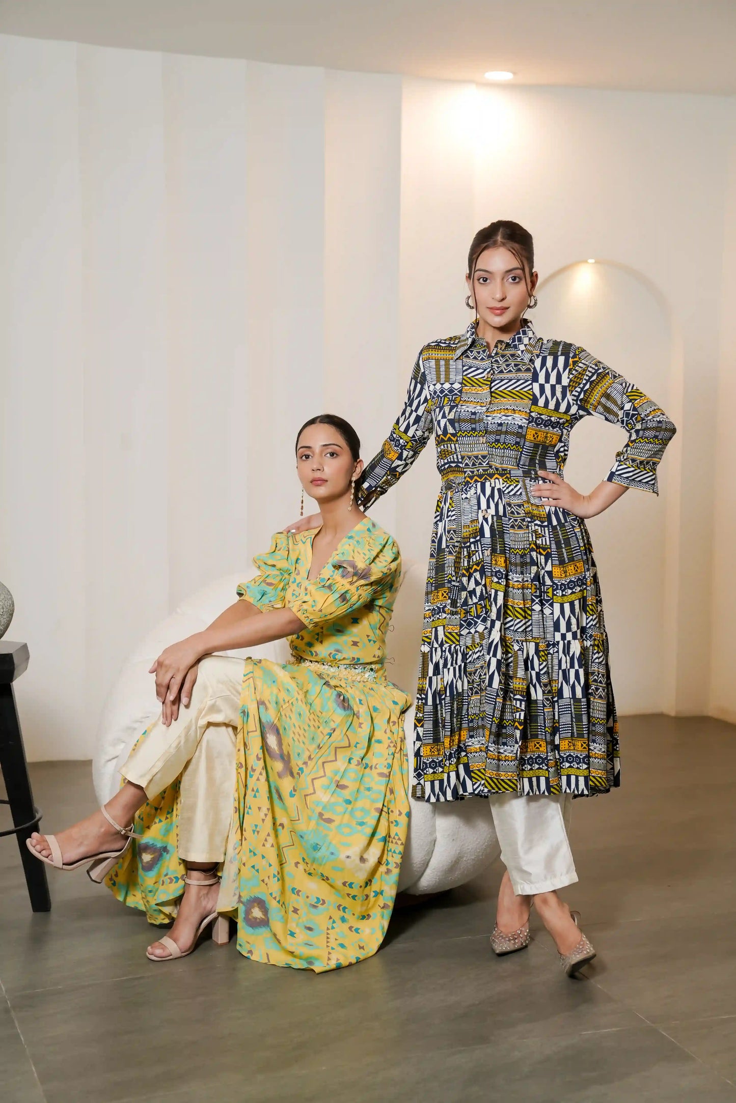 Yellow Printed Hand Embroidered Long Co-ord Set with White Trouser
