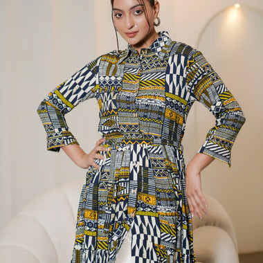 Black Printed Muslin Satin Long Co-ord Set with White Straight Pant Set