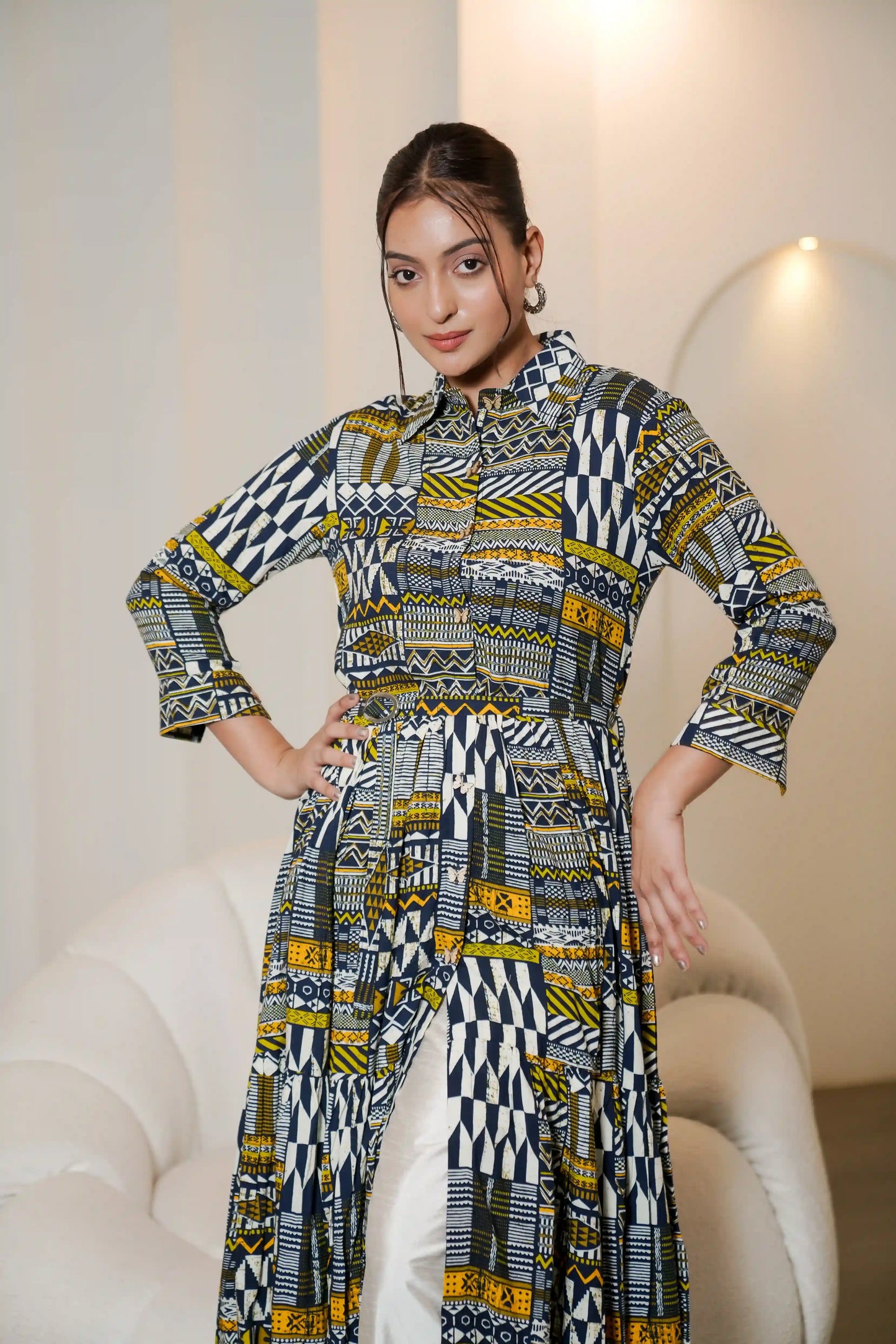 Black Printed Muslin Satin Long Co-ord Set with White Straight Pant Set