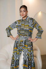 Black Printed Muslin Satin Long Co-ord Set with White Straight Pant Set