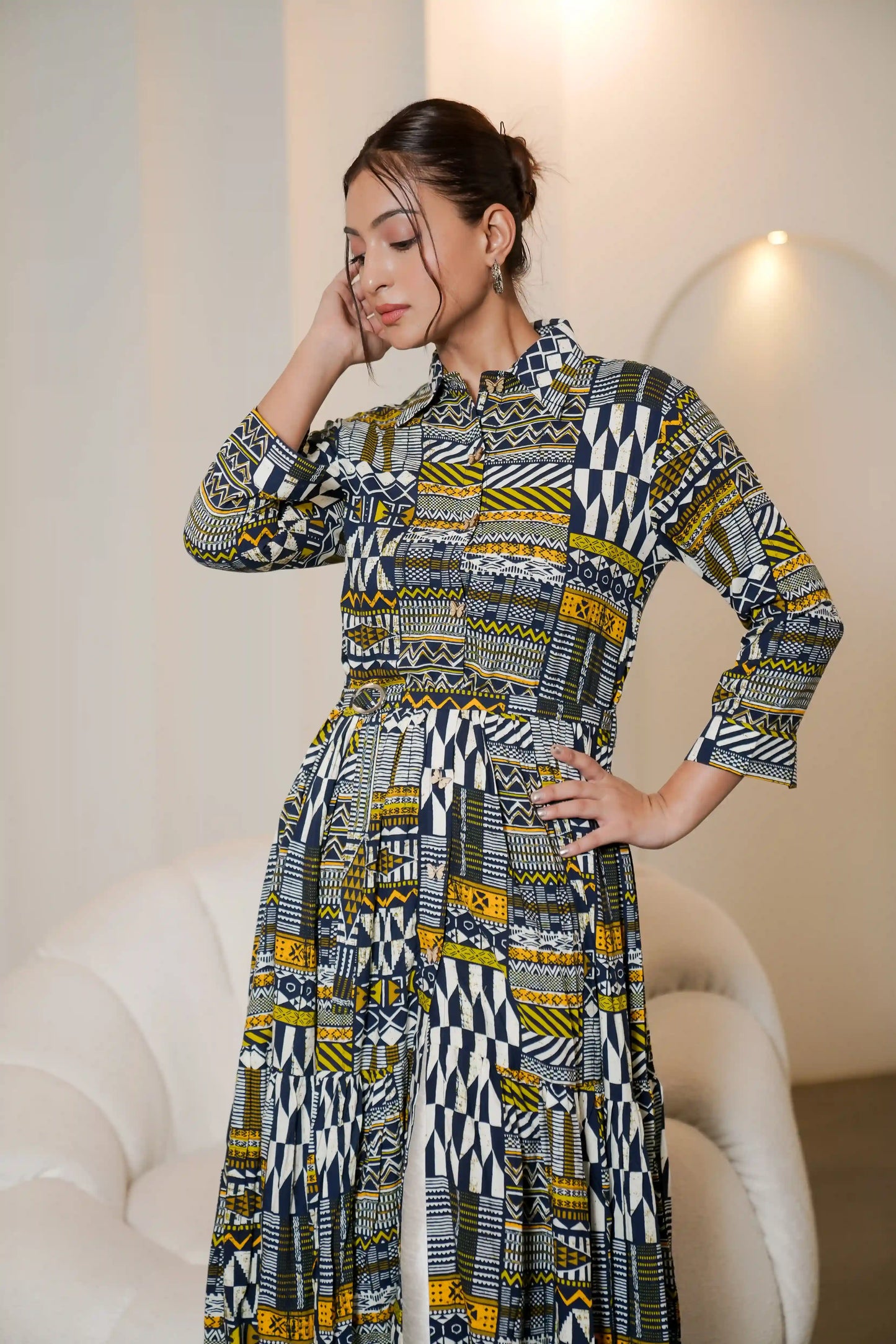 Black Printed Muslin Satin Long Co-ord Set with White Straight Pant Set