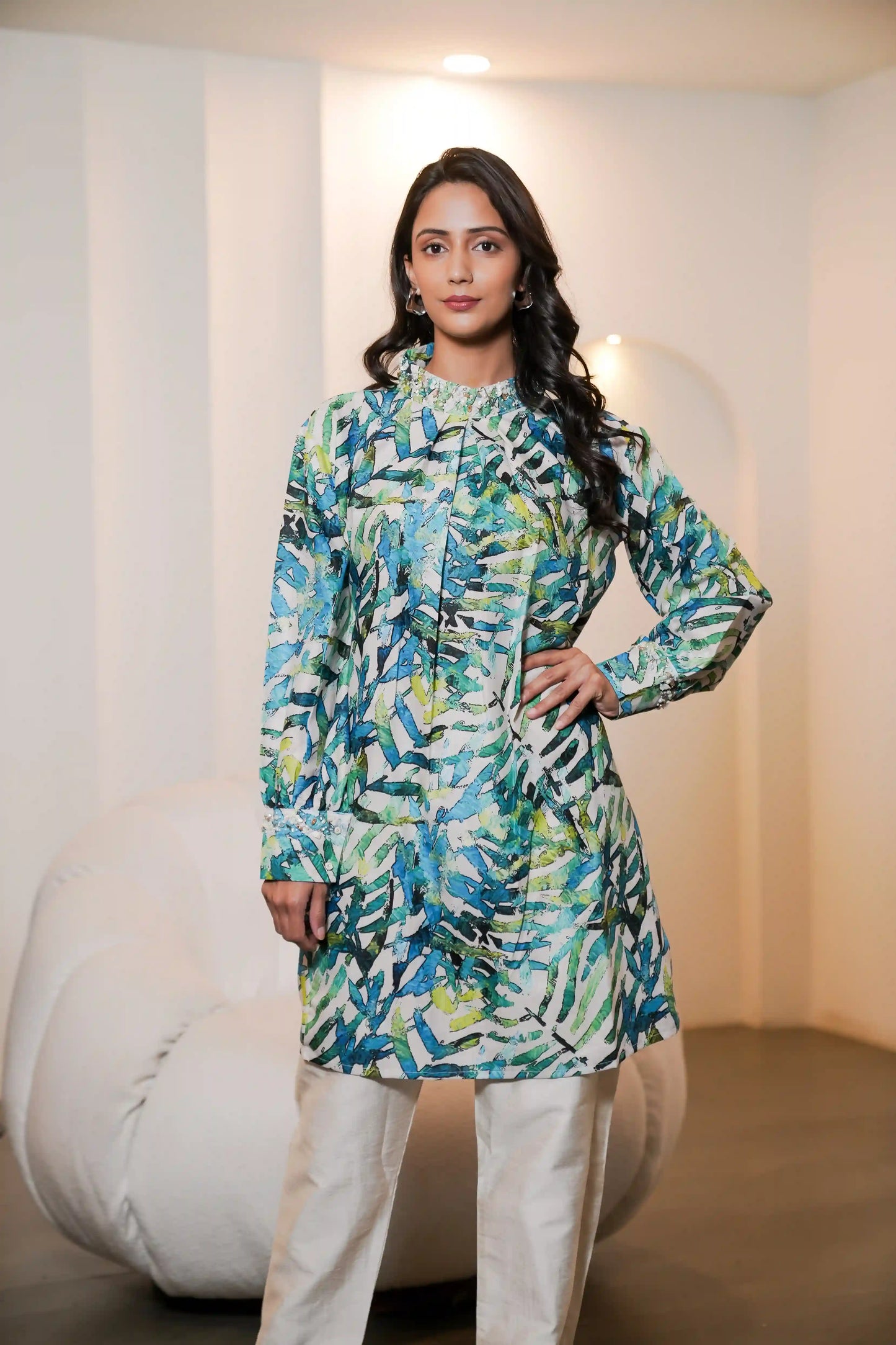 Printed Linen Cotton Co-ord Set with Silk Trouser Set