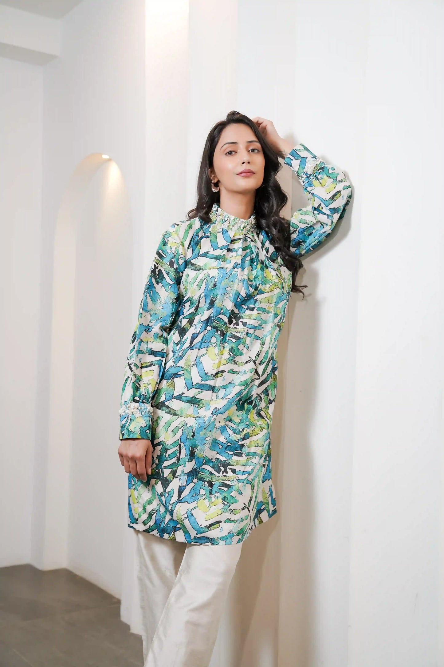 Printed Linen Cotton Co-ord Set with Silk Trouser Set