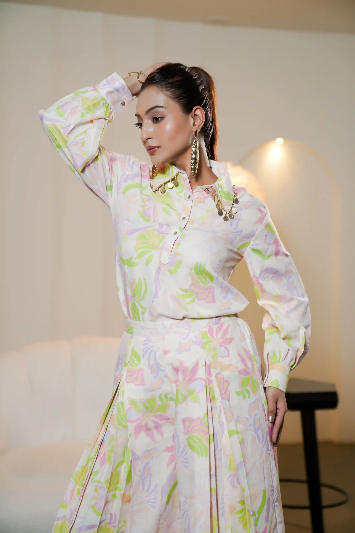 Light Color Printed Muslin Satin Co-ord Set with Pated Plazo Set