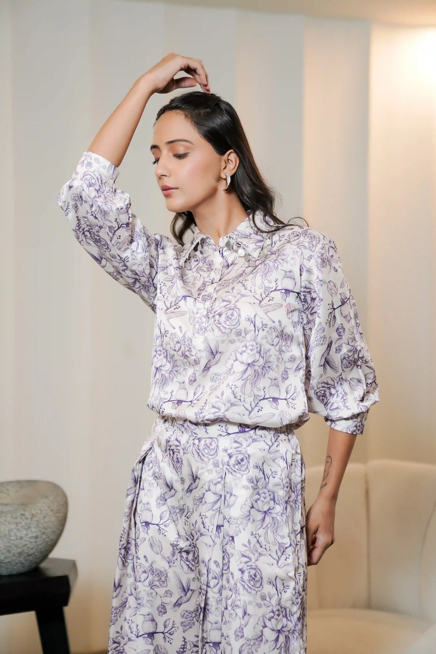 Floral Printed Muslin Satin Co-ord Set with Plated Designer Plazo Set