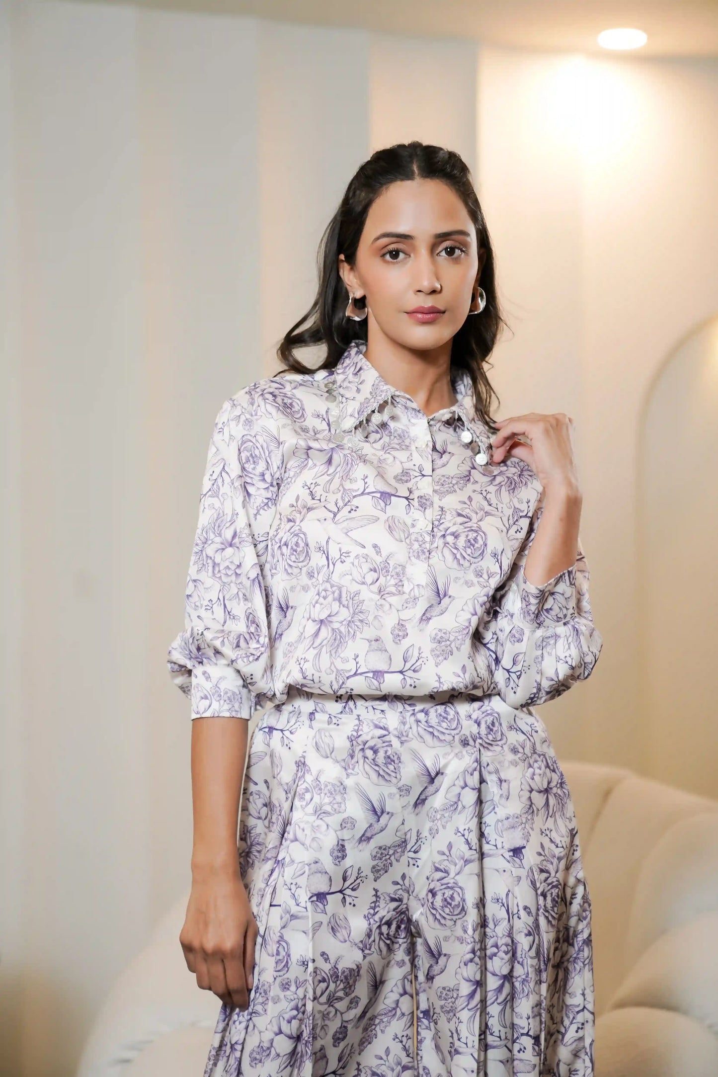 Floral Printed Muslin Satin Co-ord Set with Plated Designer Plazo Set