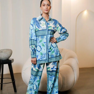 Pattern Printed Muslin Satin Co-ord Set with Trouser