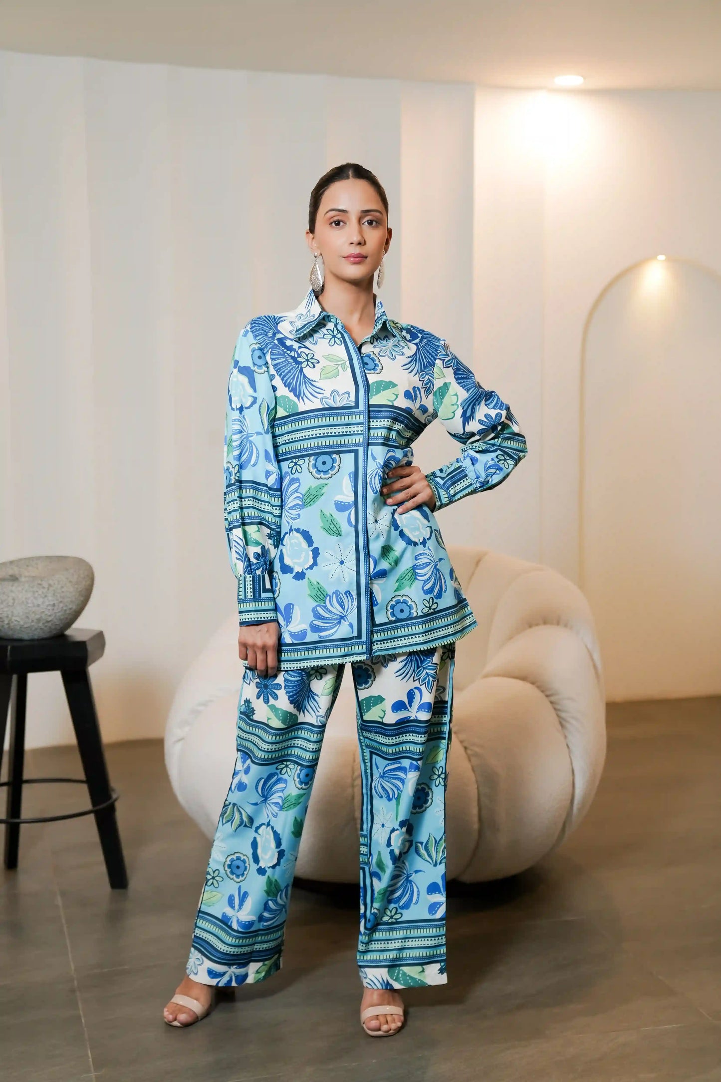 Pattern Printed Muslin Satin Co-ord Set with Trouser