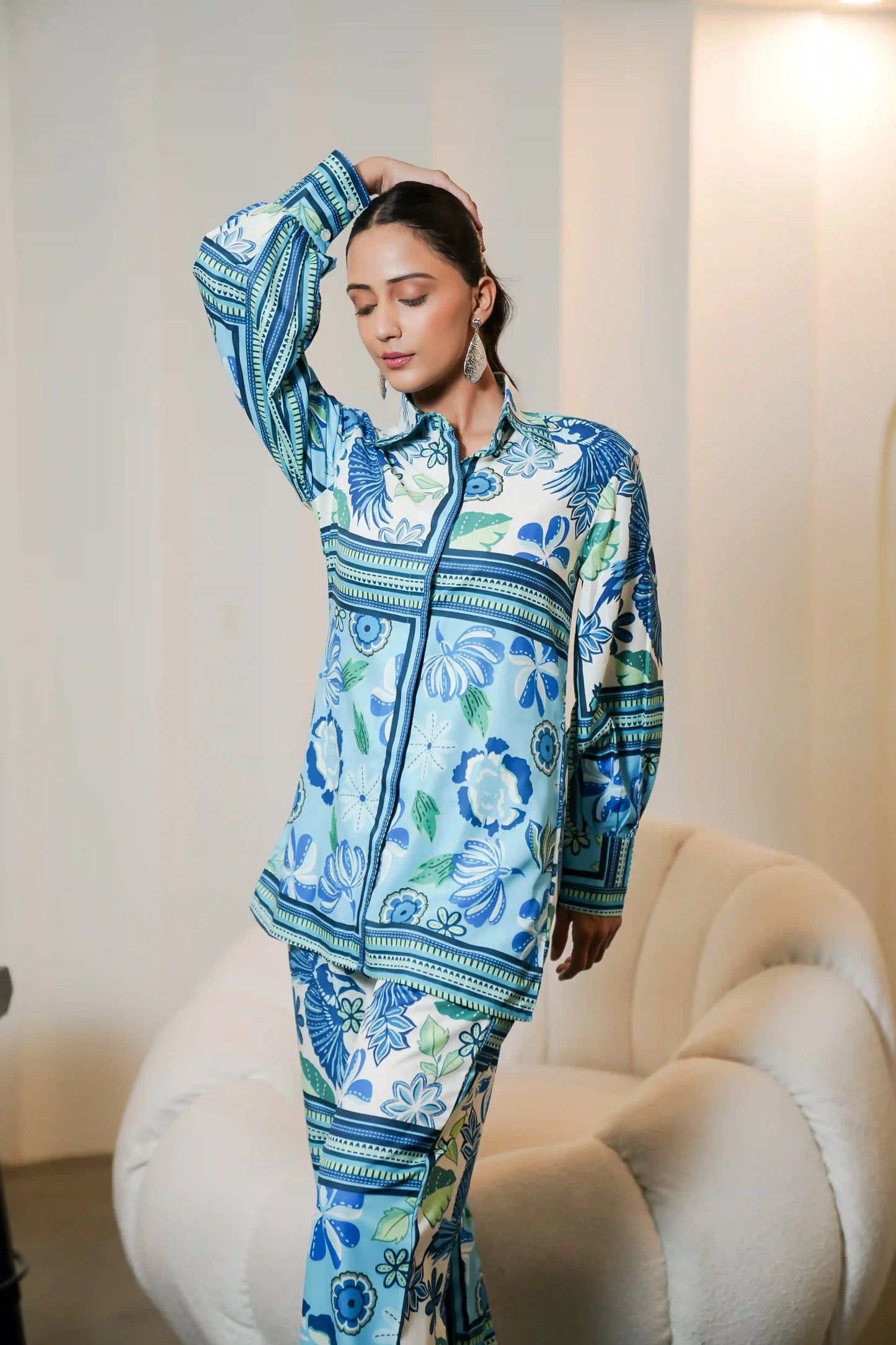 Pattern Printed Muslin Satin Co-ord Set with Trouser