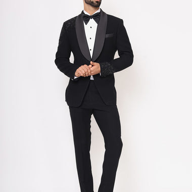 Black Hand Embroidered Italian Fabric Tuxedo Suit