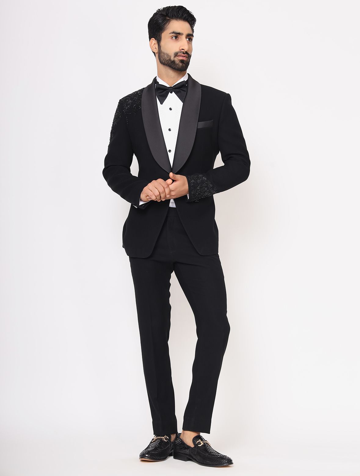 Black Hand Embroidered Italian Fabric Tuxedo Suit