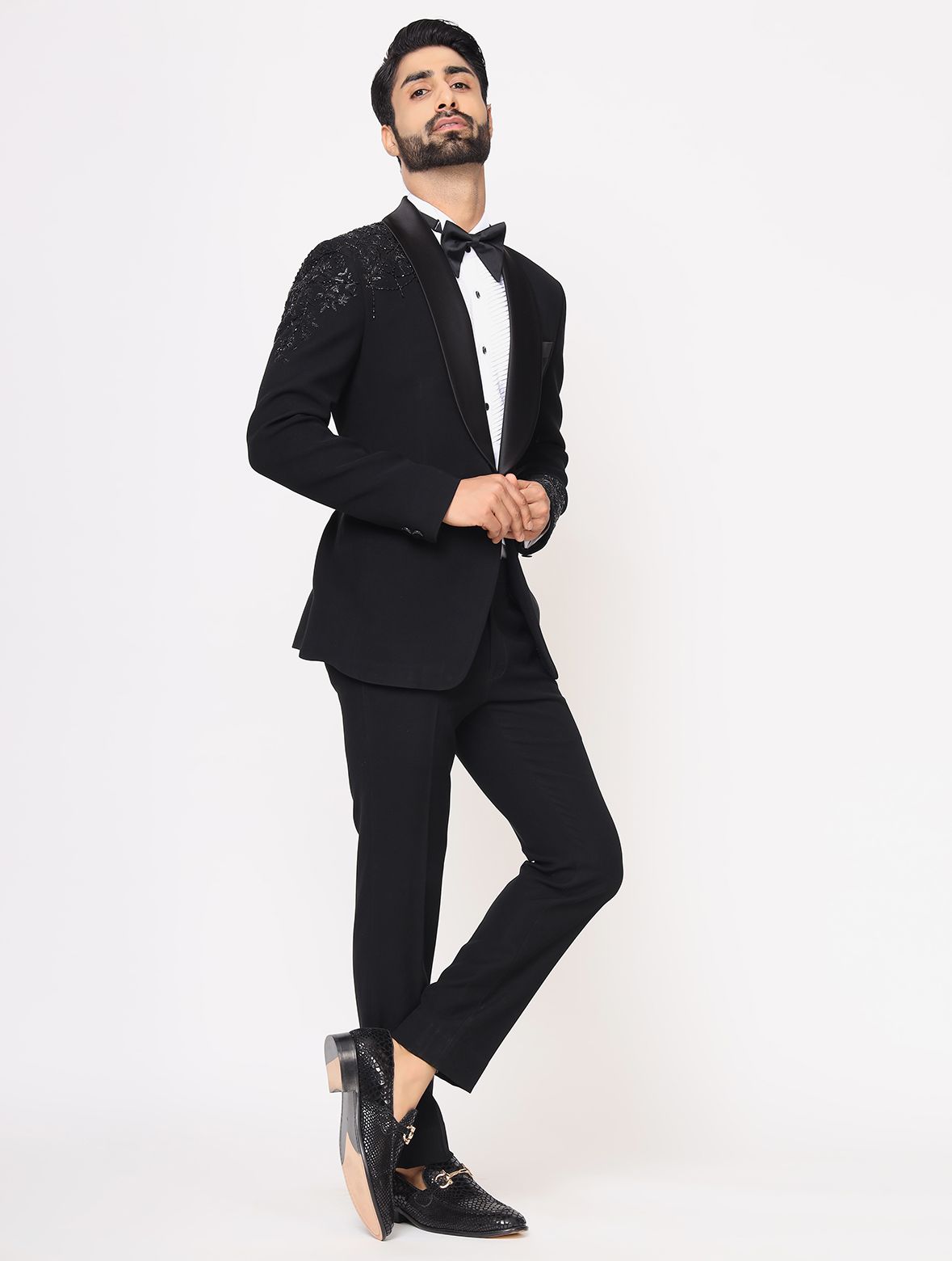 Black Hand Embroidered Italian Fabric Tuxedo Suit