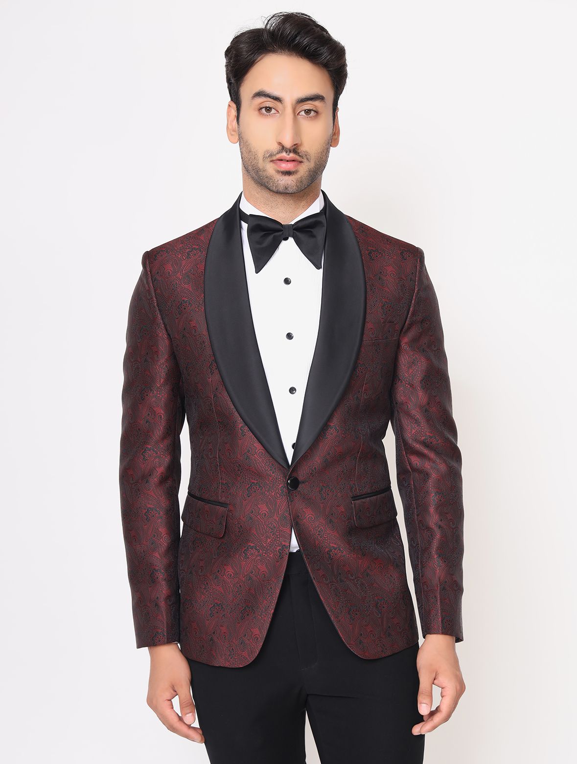 Wine Italian Jacquard Designer Tuxedo Set