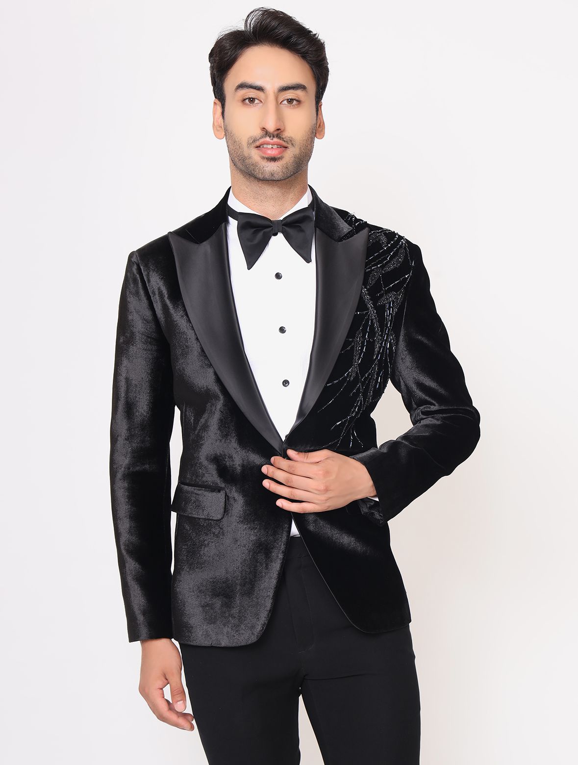 Black Silk Velvet Hand embroidered Tuxedos Suit