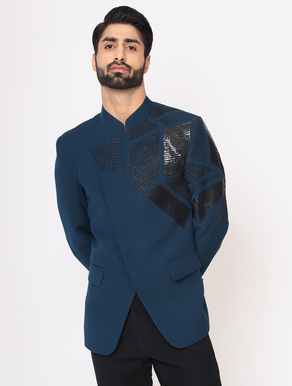 Teal Blue Hand Embroidered Band Galas Angrakha Style