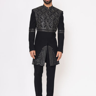 Black Italian Hand Embroidered Indo western